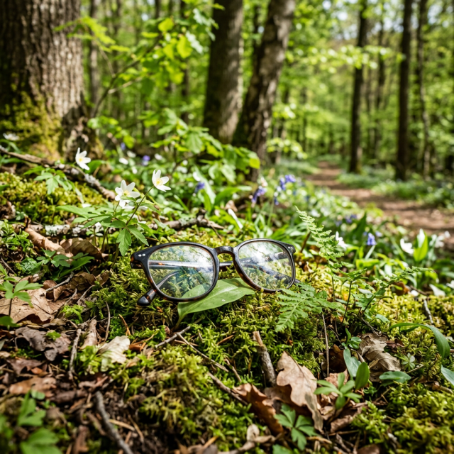 Eyeglasses resting on moss with small white flowers and green plants around in a forest