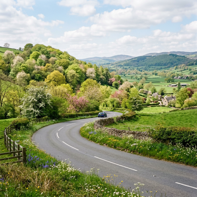 Curved road through green fields and flowering trees with hills in the background