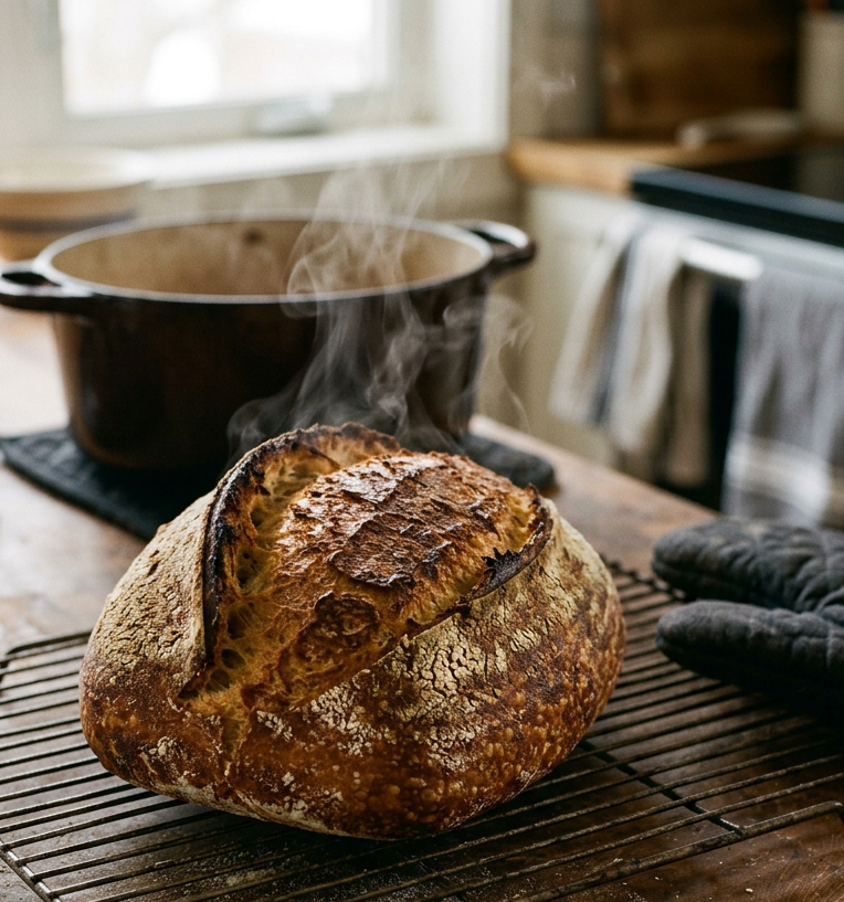 Steaming sourdough bread on wire rack with cast iron pot and oven mitt in background